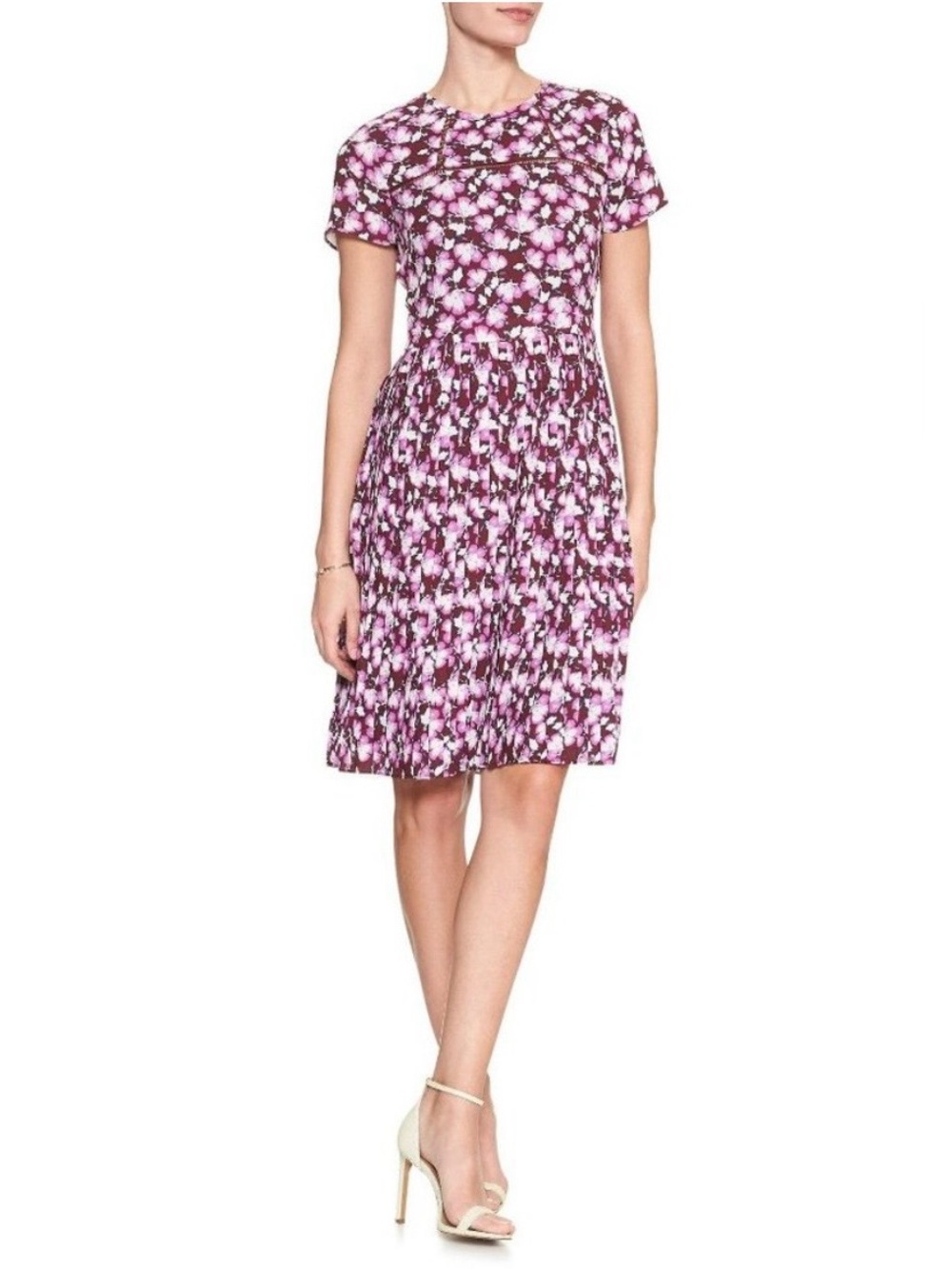 Banana Republic Burgundy Floral Short-Sleeve Midi Dress